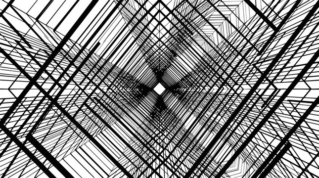 Abstract Geometric Tunnel Perspective, Black and White Line Art, Infinite Optical Illusion