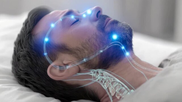 Close-up of man lying down with eyes closed showing illuminated nerves and vessels in neck area representing anatomy and medical concept