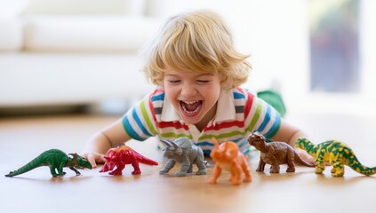 Fototapeta premium Child plays with toy dinosaurs on a wooden floor in a bright room during the afternoon