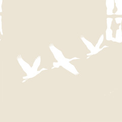 Obraz premium Three white geese flying in formation across a light beige background, minimalist style