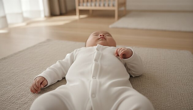 East Asian baby wearing a blank white coverall lying on a soft linen playmat