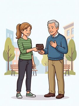Young woman returning a lost wallet to an elderly man in a city park