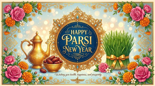 Happy Parsi New Year Vector Greeting Card with Elegant Gold Frame, Floral Border, Sabzeh Wheatgrass, and Dates for Navroz Celebration Banner