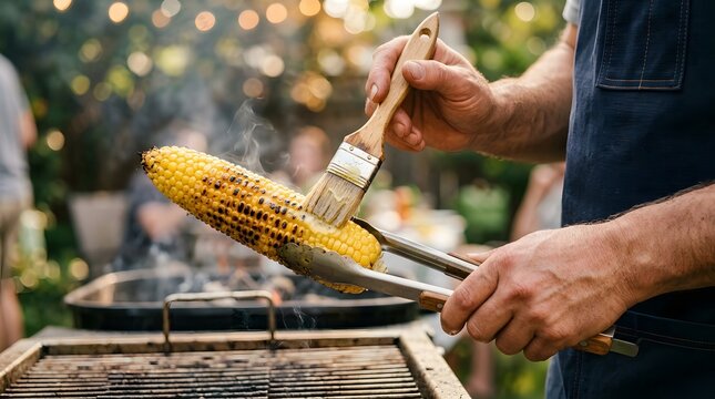 Man hands using a pastry brush to coat hot roasted sweet corn over a smoking grill