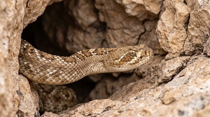 Obraz premium Snake emerges from rocky crevice in desert landscape with dry terrain and rough stones