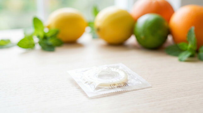 Transparent condom wrapper on wooden table with citrus fruits - Concept of World Contraception Day  