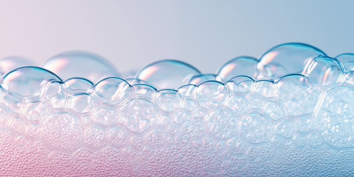 Pastel soap foam bubbles macro background, soft pastel pink and baby blue gradient background, crystal-clear glossy bubbles, for skincare and beauty concept