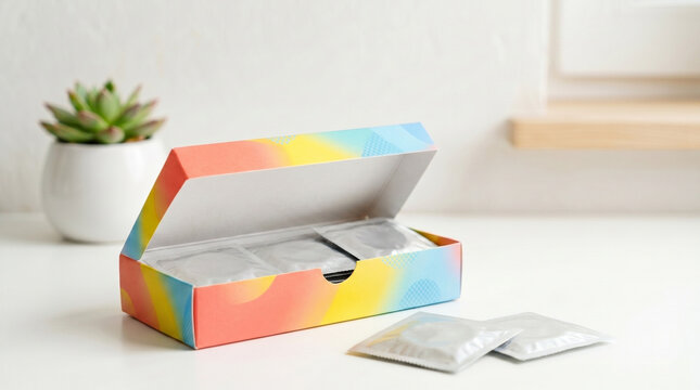 Open box of condoms with colorful design on white background for World Contraception Day  