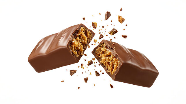 Chocolate bar breaks in half with nuts spilling out on white background