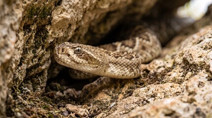 Obraz premium Snake curled up hiding in a rocky outdoor environment with natural scenery.
