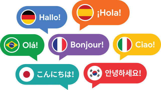 Colorful speech bubbles with flags and greetings in various languages representing international language learning
