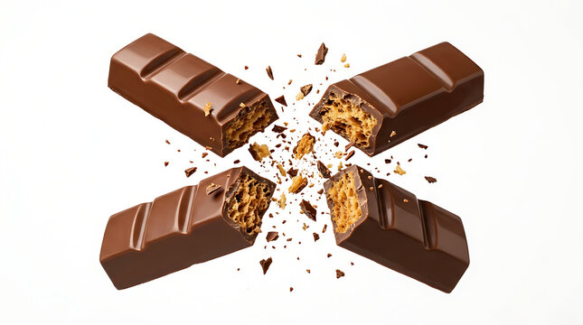 Chocolate bars breaking apart with fragments flying everywhere in a messy scene