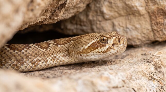 Snake emerges from rocky crevice in desert landscape with reptiles nearby