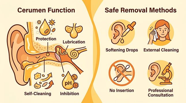 Medical infographic showing cerumen function and ear hygiene tips