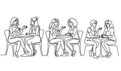 Obraz premium Continuous One Line Women Talking at Table Vector Set Minimal Conversation Illustration