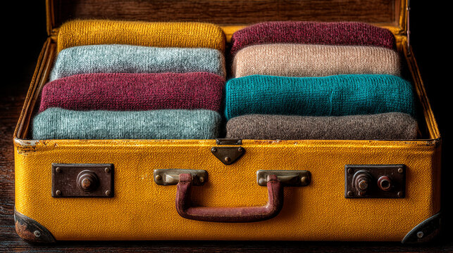 Open vintage suitcase filled with neatly stacked colorful knitted sweaters suitcase clothing