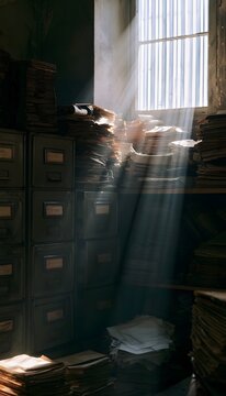 Forgotten archives reveal a timeless atmosphere of history secrets and aged documents bathed in dramatic light