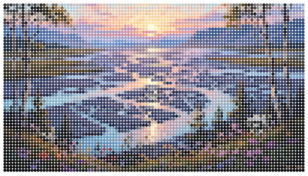 Colorful pixel art cityscape with buildings and sunset sky background