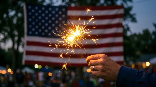 Sparkler burning in hand with american flag in background