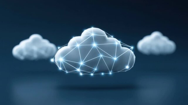 Digital cloud icon with glowing network connections representing technology data storage and online cloud computing concept on dark blue background