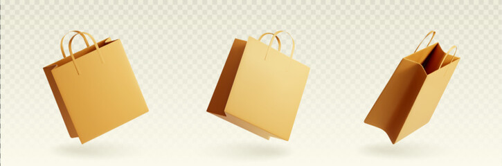 Naklejka premium Realistic brown paper bag mockup with handles, 3D vector template for shop branding isolated on transparent background. Craft cardboard packaging design, kraft blank handbag pack, grocery carrier