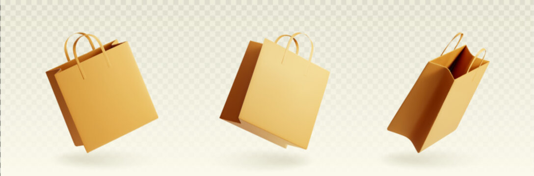 Realistic brown paper bag mockup with handles, 3D vector template for shop branding isolated on transparent background. Craft cardboard packaging design, kraft blank handbag pack, grocery carrier