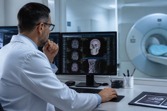Radiologist reviewing brain and skull MRI scans at workstation