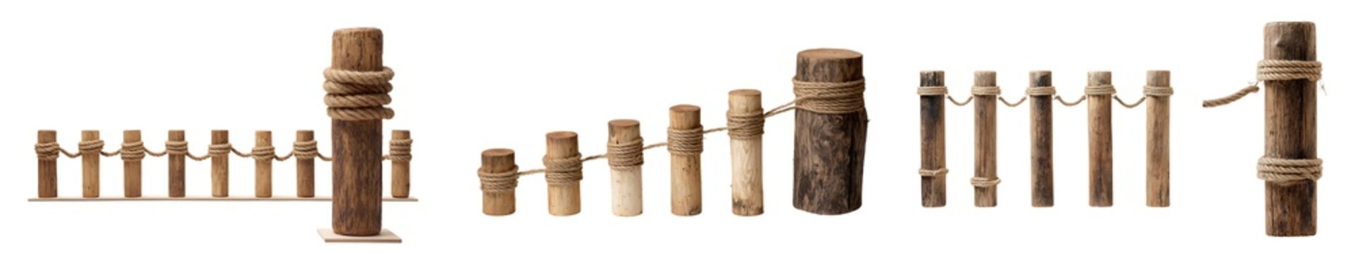 Wooden fence posts with rope isolated on transparent background for decoration