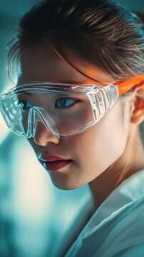 A close up of a determined woman scientist in safety glasses, symbolizing progress in scientific research. The image captures innovation, empowerment, and the future of laboratory work
