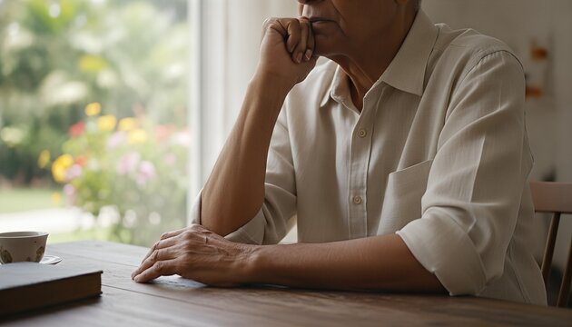 Elderly man resting his chin on his hand while sitting in a quiet, sun drenched living room, reflecting in deep thought during a peaceful afternoon