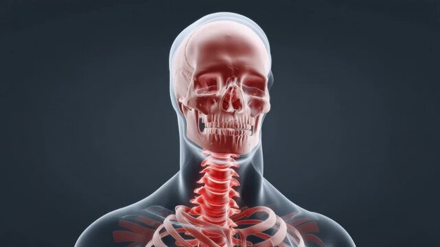 Detailed medical illustration of human skull and cervical spine anatomy showing bones and vertebrae in transparent body side view for educational and health study