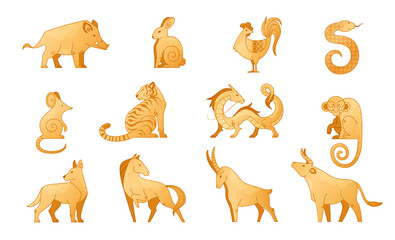 Obraz premium Golden Chinese zodiac animal icons set isolated on white background. Vector illustration of gold year signs, dragon, rabbit, snake, horse, lunar horoscope design elements with oriental symbols