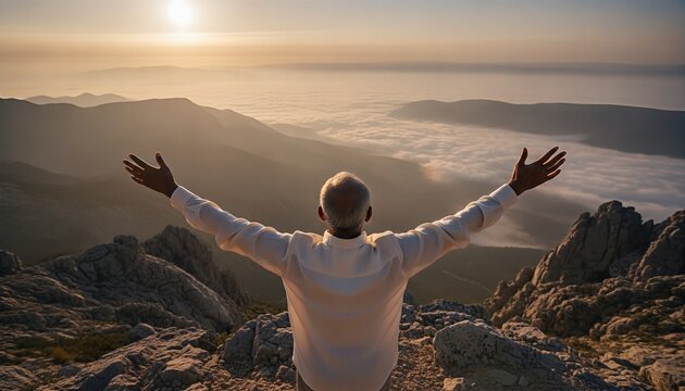 Elderly man standing with arms wide open overlooking a breathtaking mountain valley at sunrise, feeling a sense of deep peace and accomplishment