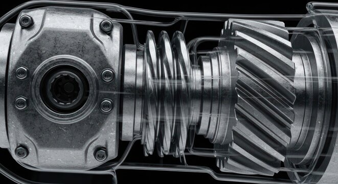 Close-up view of a complex mechanical gearbox with intricate gears and a worm screw mechanism.
