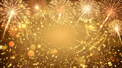 Fototapeta premium Golden fireworks and confetti background for celebration