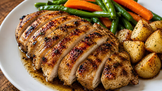 Grilled Chicken Breast with Roasted Potatoes and Fresh Vegetables