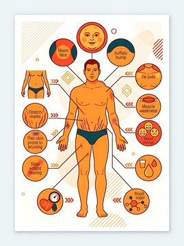 Medical infographic illustrating symptoms of cushing syndrome in men