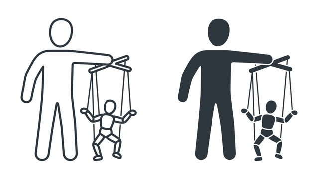 Puppet Master and Marionette: Two iconic graphic representations of a puppeteer controlling a marionette, symbolizing control, influence, or manipulation.