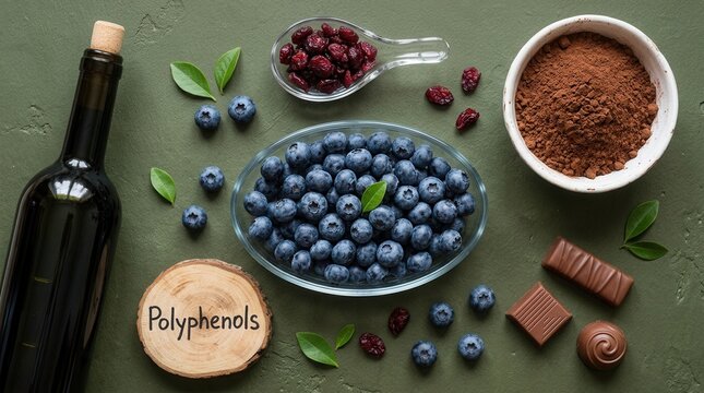 Assortment of Fresh Blueberries, Dried Cranberries, and Chocolate Ingredients Showcasing Polyphenols