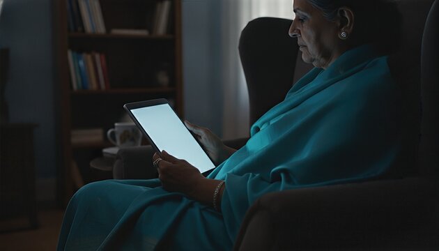 Elderly woman sitting peacefully in a dimly lit room, holding a glowing digital tablet while wrapped in a soft textured shawl