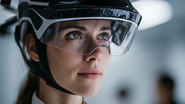 A close up portrait of a female professional using advanced AR technology glasses in a cutting edge workspace. The image highlights innovation, confidence, and digital transformation