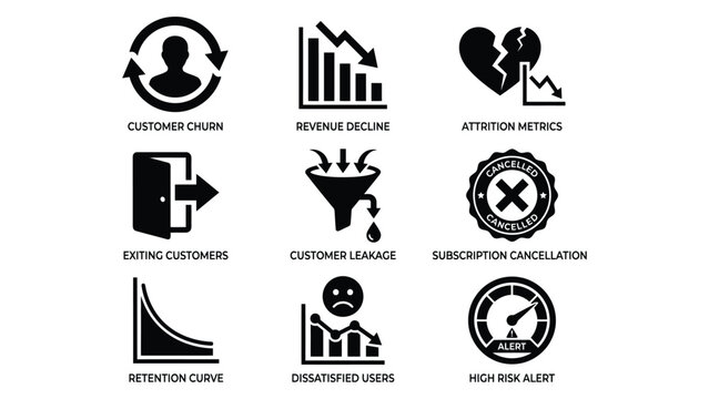 Data analytics icons for customer churn, retention, and subscription metrics