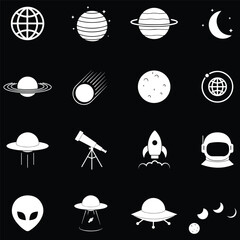 Space exploration flat icons set with planets aliens and astronomy equipment on black background © graphirias