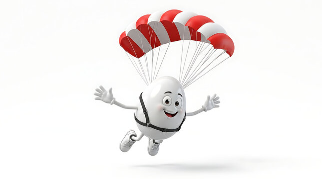Cartoon egg character happily parachuting through clear sky with red parachute