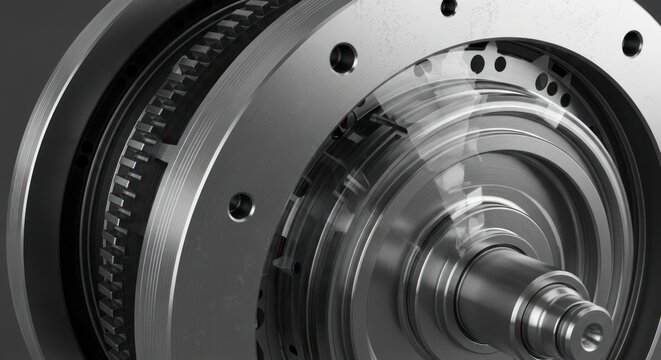 Close-up view of a complex mechanical torque converter for an automatic transmission system.