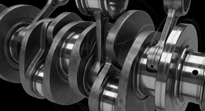 Close-up view of a complex multi-cylinder crankshaft with connecting rods, isolated on black background.