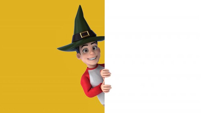 Halloween witch woman cartoon character holding blank sign with broom, magical autumn Halloween costume illustration with pumpkin, witchcraft holiday vector