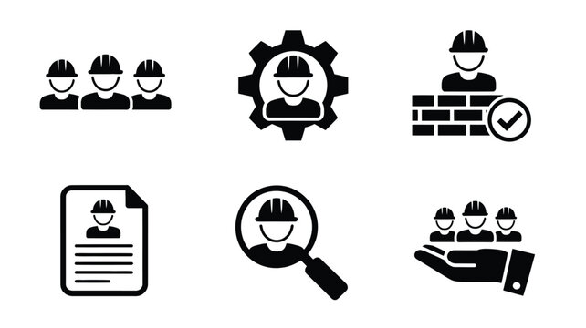 Construction worker and engineering management icon set featuring bricklayer gear engineer contract resume magnifying glass and care hand symbols
