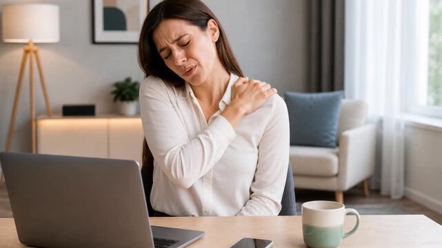 Woman back shoulder pain while using notebook computer.

