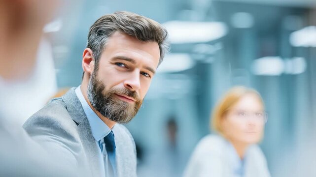 Portrait of a successful business professional in a contemporary workspace, exuding confidence and leadership. The focus is on the man, with a soft bokeh office background
